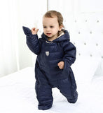0-2 years old baby winter down jumpsuit Down climb clothes with cap Snowflakes stripe splicing