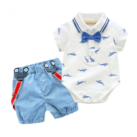 0-2Y Summer Newborn Baby Boy Girl Clothes set Little Shark T-shirt Overalls +Blue Shorts Outfits Clothes Baby Clothing Set