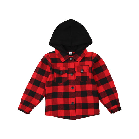 1-4Years Infant Plaid Pattern Coat Baby Long Sleeve Single-breasted Hoodie Pockets Shirts