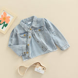 1-6Y Kids Girls Boys Denim Jacket 2 Colors Blue Solid Long Sleeve Single Breasted Hole Ripped Coats