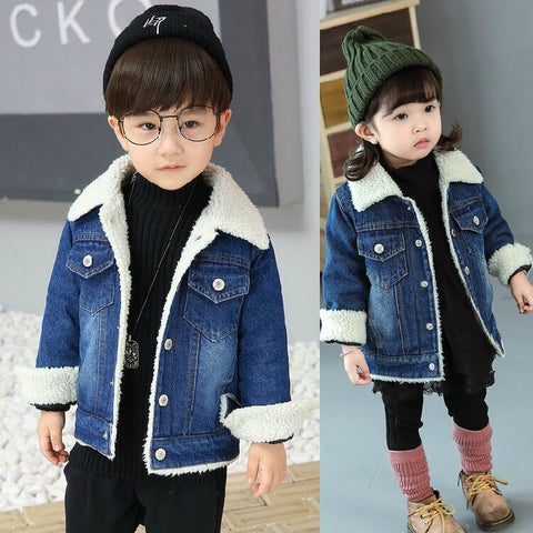2-11Yrs Jacket for Girls Boys Autumn Winter Plus Cashmere Thicken Jeans Coat Teenager Clothes Warm Baby Denim Jackets
