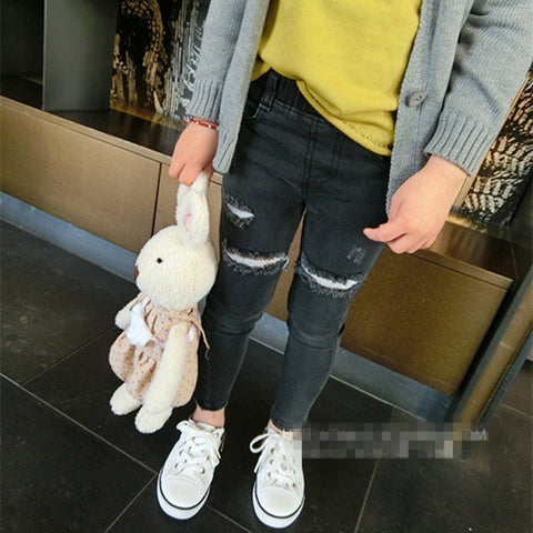 2016 New Autumn Jeans Girls Kids Cotton Skinny Children Pants Girl Black/Blue Ripped Jeans for 2-8 Years Fashion Kids Jeans
