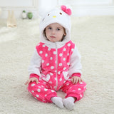 2016 New Spring Design Baby Newborn Infant One-piece Hooded Rompers Clothing Flannel Lovely Hello Kitty Cat Minions