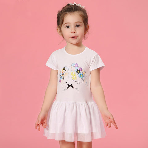 2017 Baby Girls Cotton Dresses 2 3 4 5 6 7 8T Years Old Kids Blue White Pink Birds Characters Design for Toddlers Fashion Kawaii