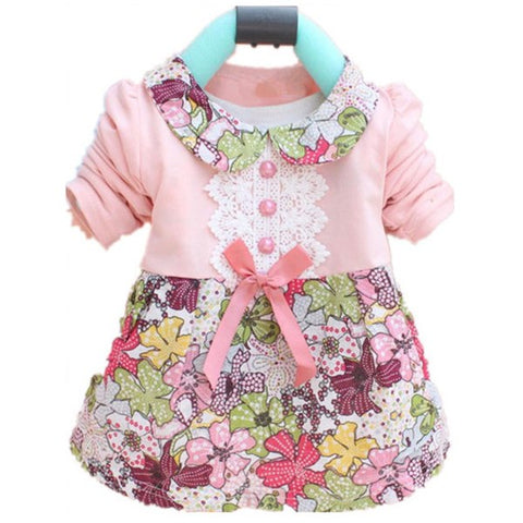 2017 Spring Aumtum Fashion Mini Dress Small Floral Long Sleeve Doll Coll Baby Girls Dress Bow Clothes Dresses