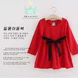 2017 Spring  est design girls Solid color bow children clothes Lady style dresses baby dresses long sleeve baby clothes dress