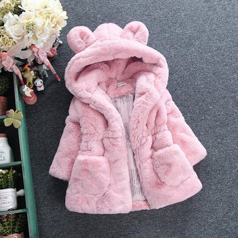 Winter warm Baby Girls Waist Outerwear Children Faux Fur Rabbit ears Coat kids Jacket Christmas Snowsuit Outerwear child