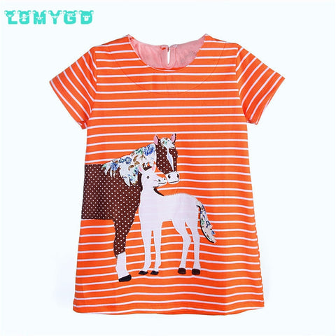 2017 spring summer summer   girl dress brand embroidery striped cartoon pony design girl clothes birthday party dress 1-7 year