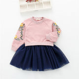 2018 Baby Girl Embroidery Floral Dress T-shirt + Net Yarn Fake 2Pcs Dress New Design Girl Dress Fashion Children Clothing