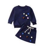 2018 Brand New Fashion Toddler Baby Girls Clothes Sets 2PCS Long Sleeve Solid With Balls Sweatshirts Tops +Mini Skirts Sets 1-6Y