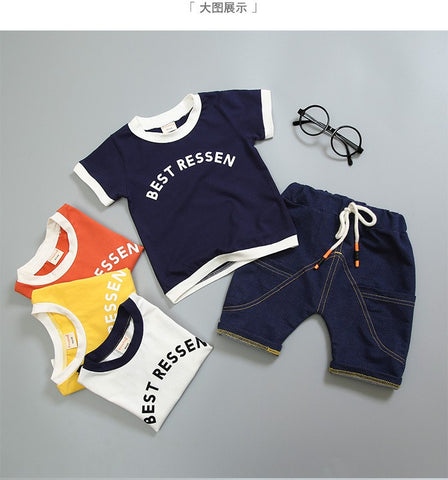 2018 Fashion Baby Clothes Print Design Simple Korea Style Solid Color T-shirts Jeans Pants Boys Summer Outdoor Infant Clothing