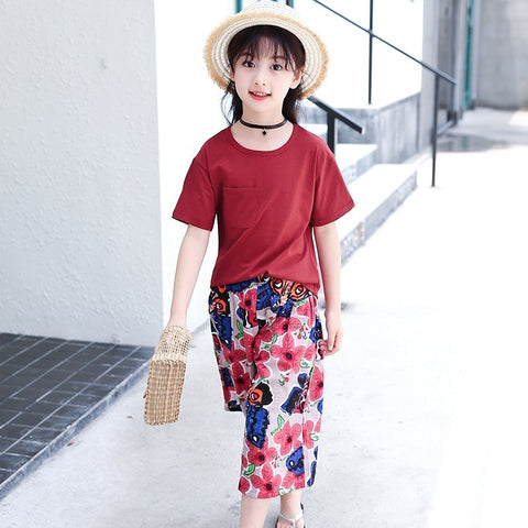 2018 New Design Baby Girls Summer Clothing Set T-shirt+Print Wide Leg Pant 2 Piece Sets Fashion Kids Girls Casual Clothing Sets