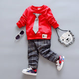 2018 New design spring baby boys long-sleeved tie shirt plaid pant set lovely children's casual clothes cute kids suit 17N1120