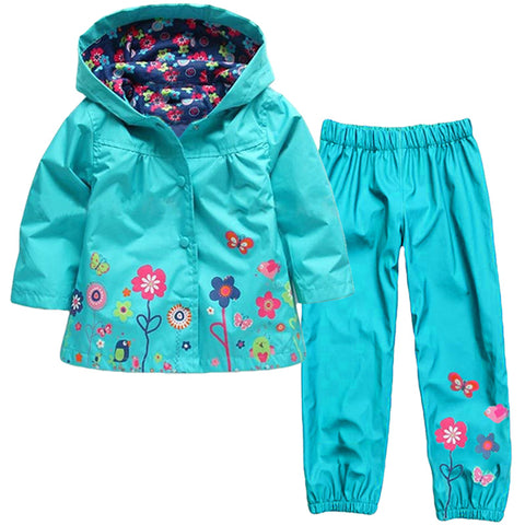 2018 Spring Girl's Clothing Set Flower childrens Raincoat Jacket Sport Suit Girls Clothes Windbreaker Jackets+trousers 2pcs suit