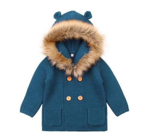 2018 Winter Warm Newborn Baby Sweater Fur Hood Detachable Grey Infant Boys Girl Knitted Cardigan Fall Outwear Children Knitwear