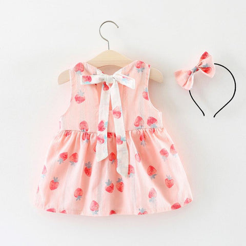 2018   fashion baby girl dress Cotton Blend 2PC Baby Toddler Kids Girls Strawberry Print Backless Dress + Headband Set