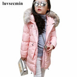 Thick Warm Fur Hooded Girls Winter Coat Zipper Solid Slim Child Winter Jacket For Girls Baby Kids Cotton Parka Down JW0428