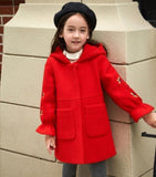 2023 Autumn Winter Girls Woolen Coat Pink Red Floral Petal Sleeves Long Jacket for Kids Age 8 10 12T Yrs Windbreaker Overcoats