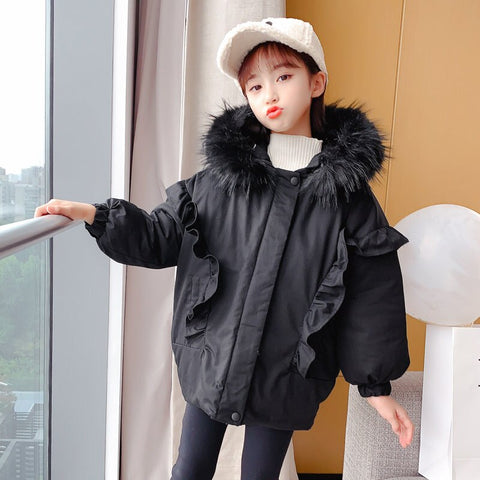 Children Winter Coat Korean Version Big Fur Hooded Ruffle Design Jacket For Girls 4-13 Years Kids Teenage Outerwear