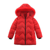 Children's Parka Winter Warm Solid Down Jackets Kids Girls Faux Fur Collar Hooded Cotton Padded Long Coat Thicken Outerwear