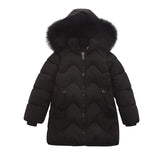 Children's Parka Winter Warm Solid Down Jackets Kids Girls Faux Fur Collar Hooded Cotton Padded Long Coat Thicken Outerwear