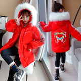 Children Winter Cotton Jacket Girl Reflective Butterfly Clothing Kids Warm Thick Parka Fur Collar Hooded Long Coats