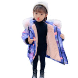 Baby Girls Warm Vintage Jacket Print Painting  Kids Winter Coat With Fur Hoodies Outerwear 2 3 4 5 6 7 9Years Old
