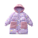 Children Winter Jacket Rainbow Cute Print Girls Kids Warm Thick Fur Collar Hooded Long Coat For Teenage 4-13Yrs