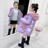 Children Winter Jacket Rainbow Cute Print Girls Kids Warm Thick Fur Collar Hooded Long Coat For Teenage 4-13Yrs