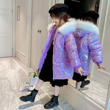 Winter Shiny Jacket For Girls Hooded Warm Children Windbreaker Coat 4-13 Years Kids Teenage Cotton Parkas Outerwear