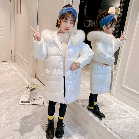 Winter Baby Girl Outerwear Jacket With Hoodies Kids Long Fur Hooded Coat For Age 5 To 14 Years Old Skyblue Pink White Color