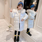 Winter Baby Girl Outerwear Jacket With Hoodies Kids Long Fur Hooded Coat For Age 5 To 14 Years Old Skyblue Pink White Color