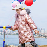 Winter Children's Shiny Jackets Girls Fur Hooded Parkas Kids Waterproof Outdoor Warm Coat Teenage Cotton Outerwear