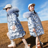 Winter Children's Shiny Jackets Girls Fur Hooded Parkas Kids Waterproof Outdoor Warm Coat Teenage Cotton Outerwear