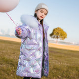 Winter Crown Pattern Jacket For Girls Hooded Warm Children Embroidery Coat 4-13 Years Kids Teenager Cotton Parkas Outerwear
