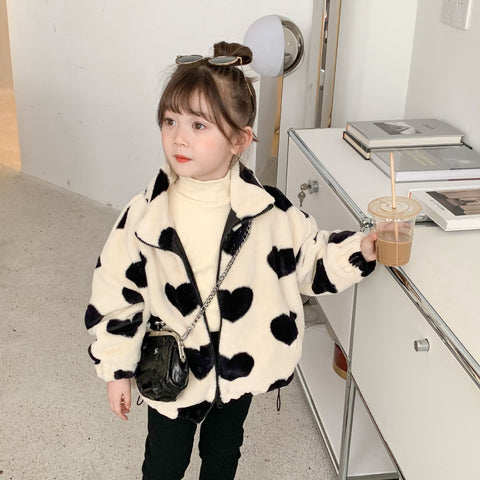 2023 Autumn and Winter Girls Love Long Sleeve Warm Wool Sweater Coat Imitation Rabbit Fur Thick Coat Korean Children Kids Jacket