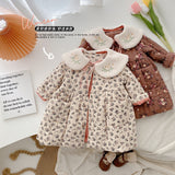 2023 BABY Girls Winter Coat+embroidery Fur Collar Cute Flowers Cotton Padded Thickening Warm Overcoats Kids Princess Clothes