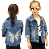 2023 Baby Girls Denim Jacket Cardigan Coat Kids Jean Outwear Butterfly Embroidery Sequins Girls Children Clothing Spring Clothes