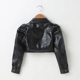 2023 Kids Girls PU Leather Jackets 2023 Autumn Children Long Sleeve Lapel Pocket Crop Tops Coats Baby Clothes 1-6Y