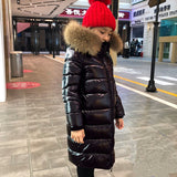 Children Down Coat Bright Jacket Medium Long Thickened Coat Large Wool Collar Korean Style Boy Girls Snow Wear 2-12y