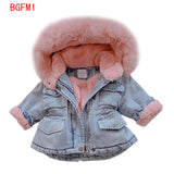 Winter Baby Girl Denim Jacket Plus Velvet Real Faux Fur Fleece Warm Toddler Outerwear Coats Kid Infant Parka Windbreaker