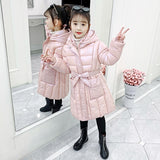 Winter Girls Thickening Hooded Jacket Baby Kids Children Long PU Leather Thick Warm Shinning Long Down Outerwear