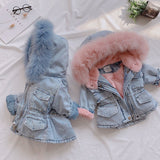 Winter Children Kids Clothing Long Denim Jacket Baby Girl Clothes Hooded Coat Snowsuit Outerwear Infant Overcoat Top