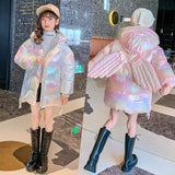Winter Shiny Jacket For Girls Hooded Back Angle Wings Warm Children Coat 4-13 Years Kids Teenager Cotton Parkas Outerwear