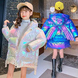 Winter Shiny Jacket For Girls Hooded Back Angle Wings Warm Children Coat 4-13 Years Kids Teenager Cotton Parkas Outerwear