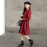 2023 Autumn Kids Girls Dress Children Wine Red Shirt Clothes Corduroy Buttons Baby Long Sleeve Dress 6 To 16 Years, #6485