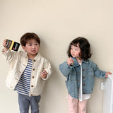 2023 Spring Korean Style Unisex Kids Denim Coats Solid Color Long Sleeve Outerwear Baby Children Casual Jackets