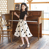 2023 Summer Girls Dress Polka Dot Midi Length Children Clothing Kids Patchwork Dresses Casual, #7035