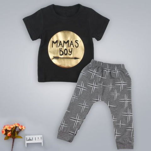 2PCS Children Outfit Sets Baby Boy MaMas Boy Printing Short Sleeve Tops Golden T Shirt + Pants Suit Hot Selling Summer Clothes