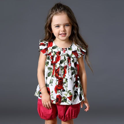 2PCS Girls Sets 2017 New Designers Children Clothing Kids Clothes Sets Flare Sleeve Shirt + Lantern Shorts Baby Girl Suit Floral